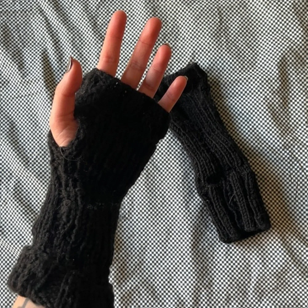 Hand Knit Fingerless Gloves in Black Handmade Small/Medium